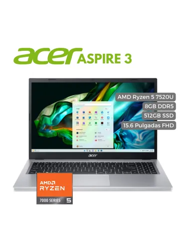 A Tres Click | Portatil Acer Aspire 3 A315 AMD Ryzen 5 7520U, 8GB, 512GB SSD NVMe SSD, 15.6" FHD $ 3.212.900 $ 2.024.127 Acer Portátiles & Notebook 