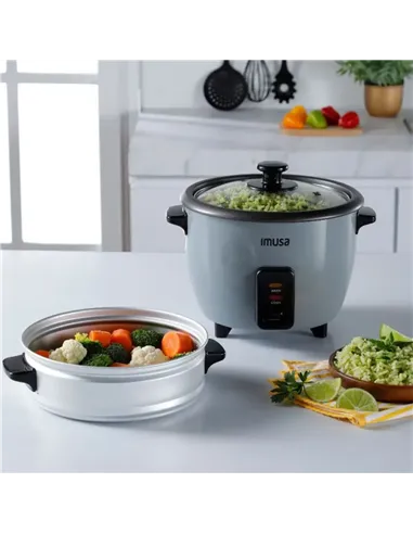 A Tres Click | Olla Arrocera IMUSA 3 tazas Con Vaporera y Accesorios Color Gris $&nbsp;104.900 $&nbsp;88.151 IMUSA Cocina 7702073603340