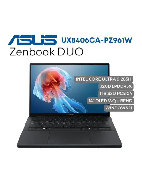 A Tres Click | Portatil Asus Zenbook Duo UX8406CA, Intel core Ultra 9 285H, 1TB PCIeG4, 32GB LPDDR5X, 14" OLED WQ + BEND, W11 HOME $ 11.280.000 $ 8.798.400 Asus Portátiles & Notebook 